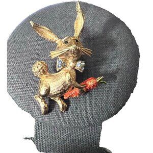 Vintage MYLU Rabbit Brooch Pave Rhinestone Gold Plated Easter Rabbit Carrot
